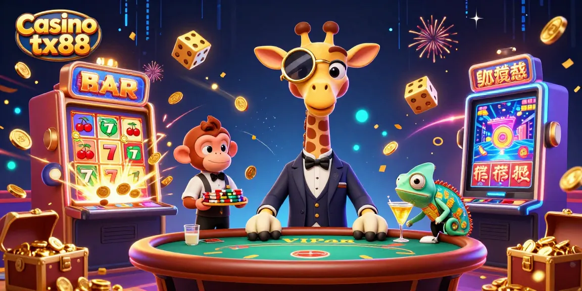 Experience the excitement of Casino tx88 with a vibrant 3D scene featuring a high-roller giraffe at a bustling poker table.