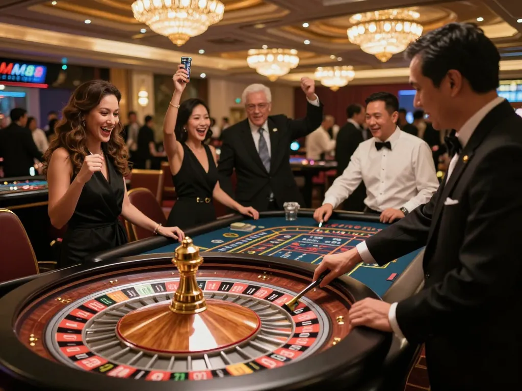 Players experiencing the thrill of betting at MM88's roulette table in a luxurious casino environment.