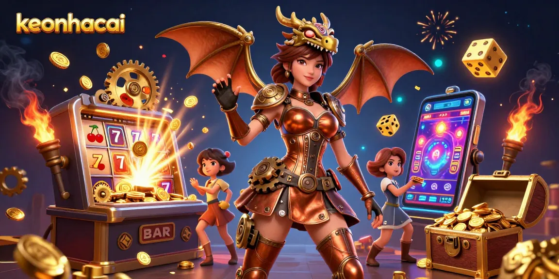 Engage with groundbreaking keonhacai visuals showcasing a vibrant 3D steampunk lady celebrating a jackpot.
