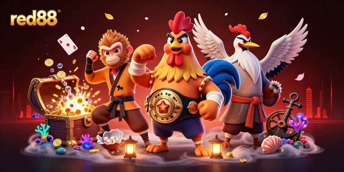 Experience red88's thrilling casino world with vibrant characters and underwater treasures in this rich 3D illustration.