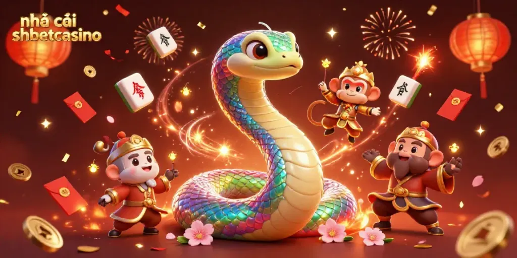 Engaging illustration of nhà cái shbetcasino featuring a vibrant rainbow serpent and monkey king in a dynamic gambling scene.