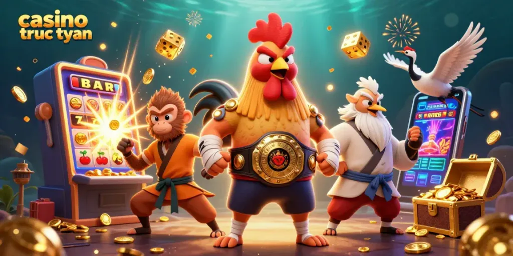 Trò chơi casino trực tuyến sôi động với rooster, khỉ và sếu, chật kín vàng và giải thưởng.