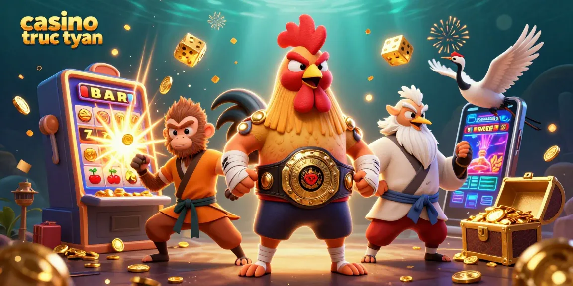 Trò chơi casino trực tuyến sôi động với rooster, khỉ và sếu, chật kín vàng và giải thưởng.