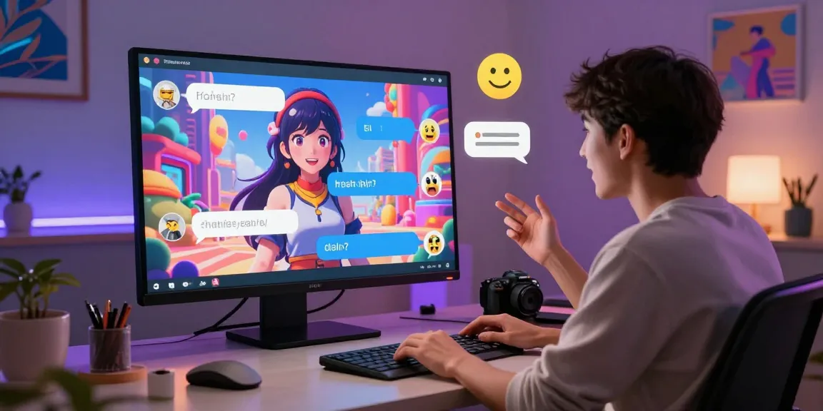 Interactive scene of a user engaging with a lifelike hentai chat AI in a colorful virtual environment, showcasing modern technology and anime elements.
