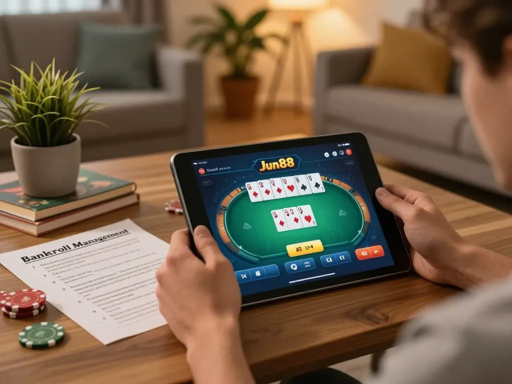 Player engaging with Jun88 poker app on tablet in cozy home setting, promoting responsible gambling.