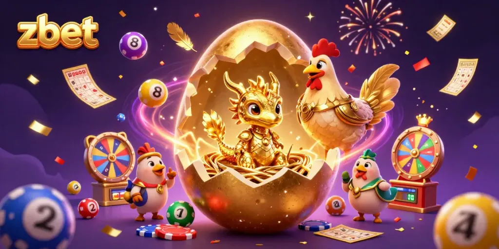 Experience thrilling gaming action with zbet's vibrant 3D illustration showcasing a golden dragon, poker chips, and lottery elements.