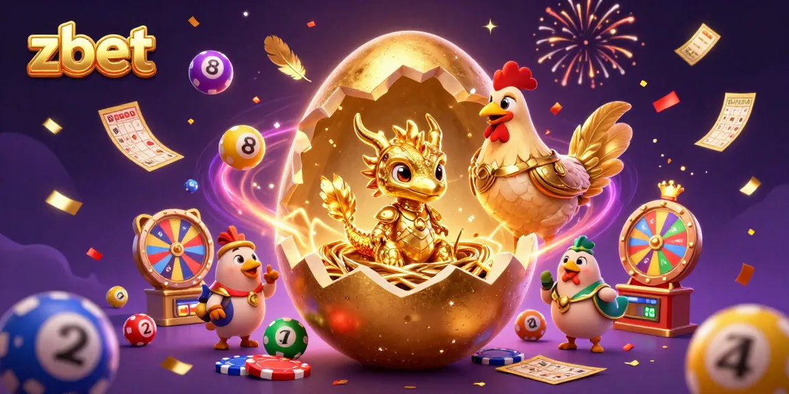 Experience thrilling gaming action with zbet's vibrant 3D illustration showcasing a golden dragon, poker chips, and lottery elements.
