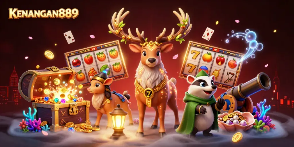 Experience thrill with KENANGAN889, showcasing dynamic slot reels and enchanting characters.