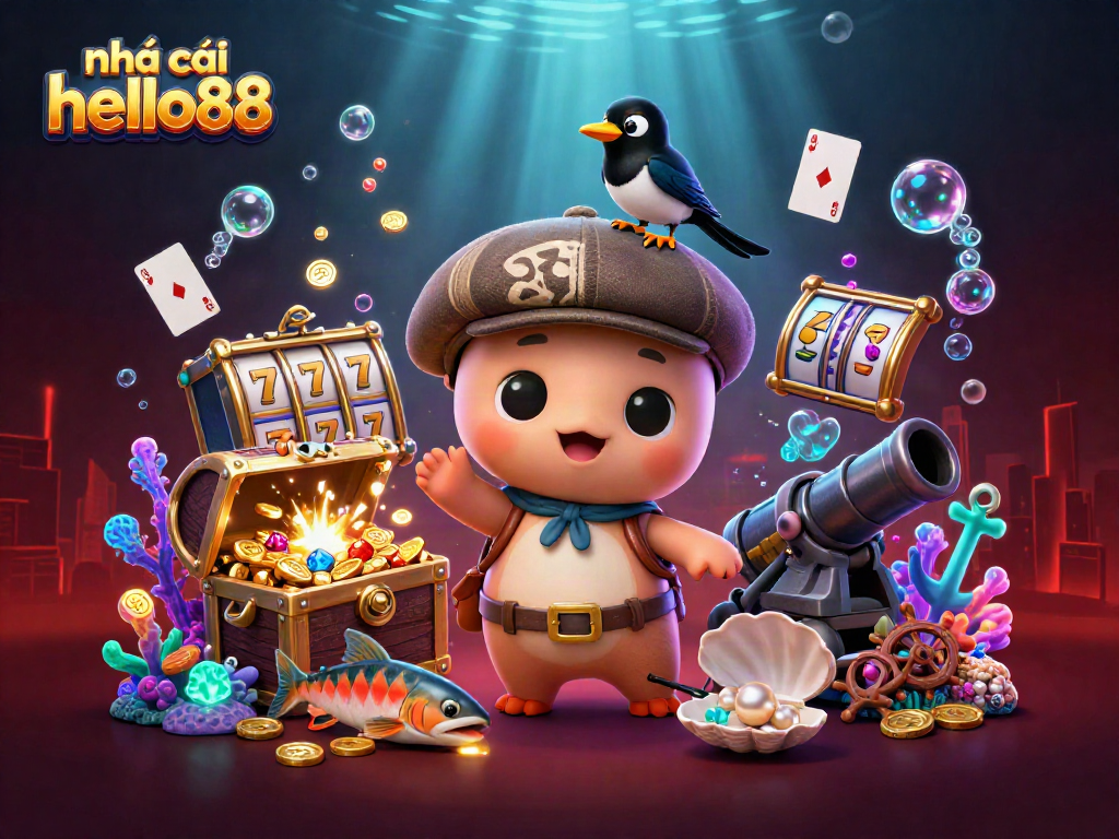 nhà cái hello88 showcases vibrant slot gaming elements with playful 3D characters in a dynamic underwater scene