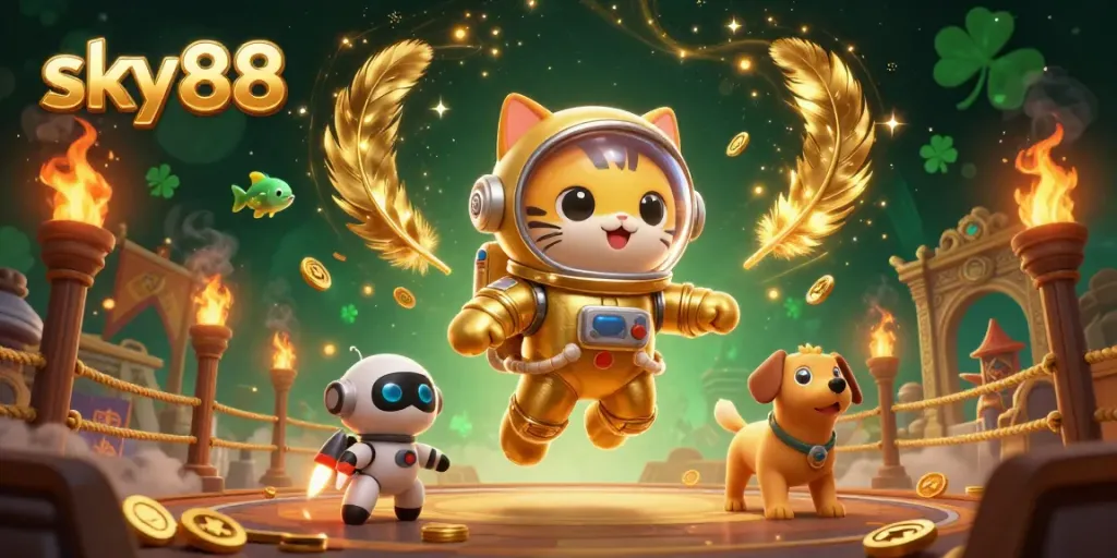 Experience the excitement of sky88 with dynamic casino elements surrounding a golden astronaut cat.