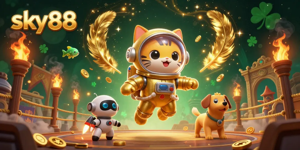 Experience the excitement of sky88 with dynamic casino elements surrounding a golden astronaut cat.