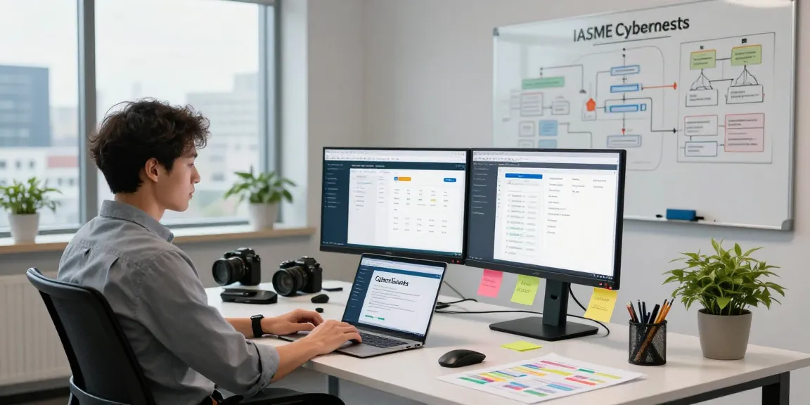 IT professional demonstrating iasme cyber essentials compliance in a modern workspace