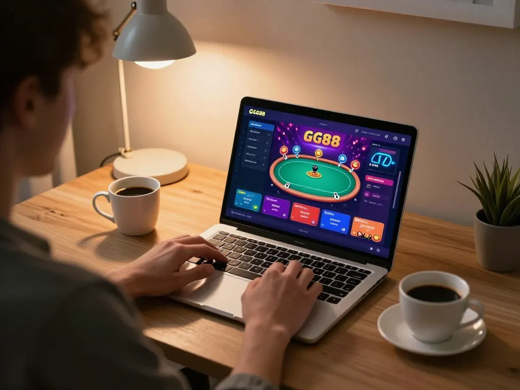 Engaging gaming session on GG88 with player analyzing poker interface in a cozy home setting.