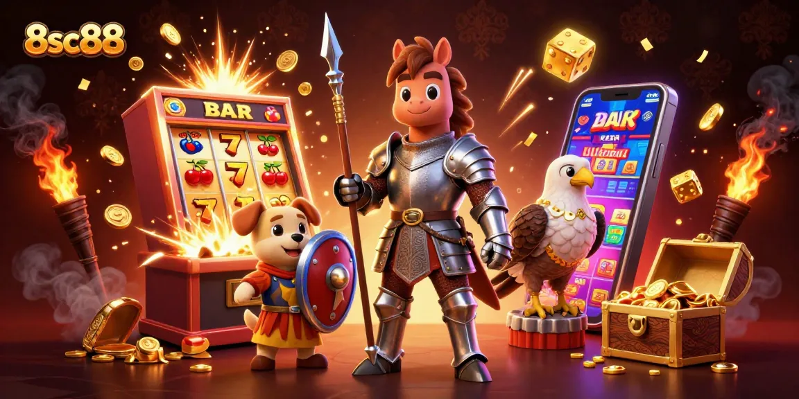 Experience the excitement of 8sc88 with dynamic slots and casino-themed illustrations.