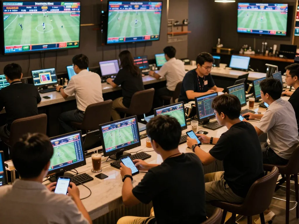 Excited bettors engaging in live sports betting at keonhacaii88, analyzing odds and placing bets.