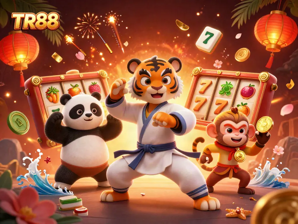 Engage with TR88 at a vibrant casino scene featuring spinning slot reels and energetic characters.