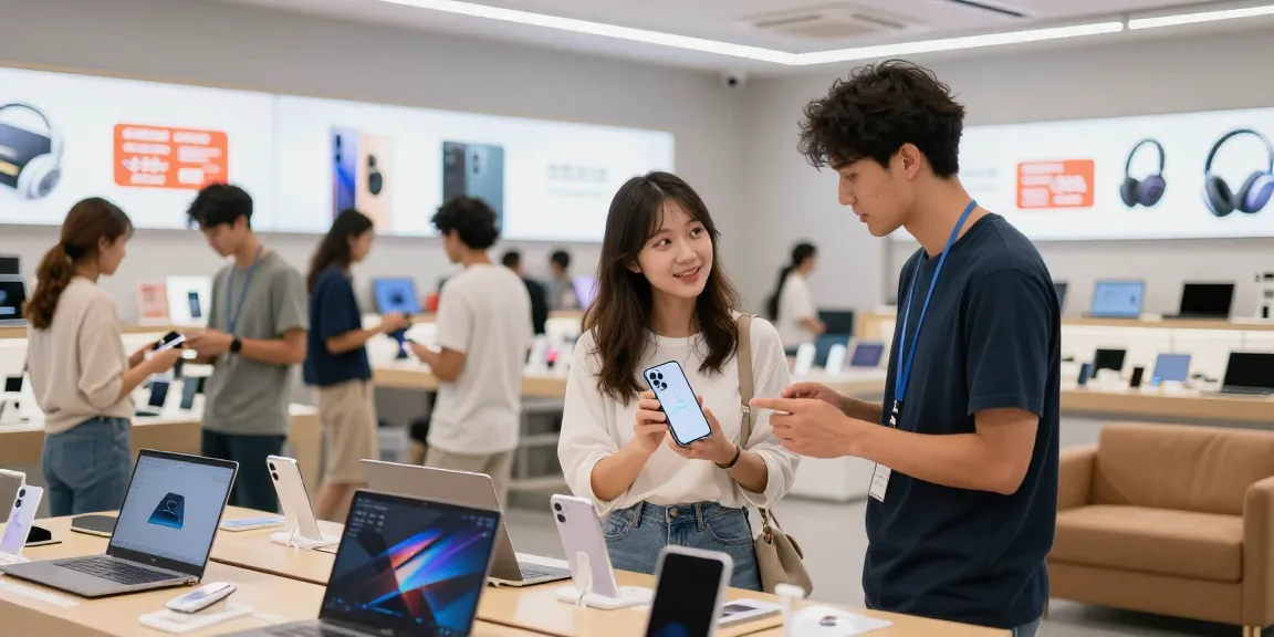 Shoppers exploring rokok88 online products in a vibrant tech retail environment, featuring interactive displays and engaging staff.