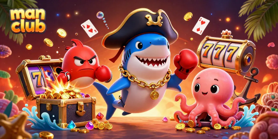 Join the fun at man club with slot reels and cartoon characters celebrating wins.