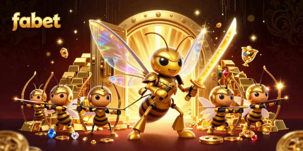 Experience the excitement of fabet with a stunning illustration showcasing a golden hornet in samurai armor surrounded by treasures.