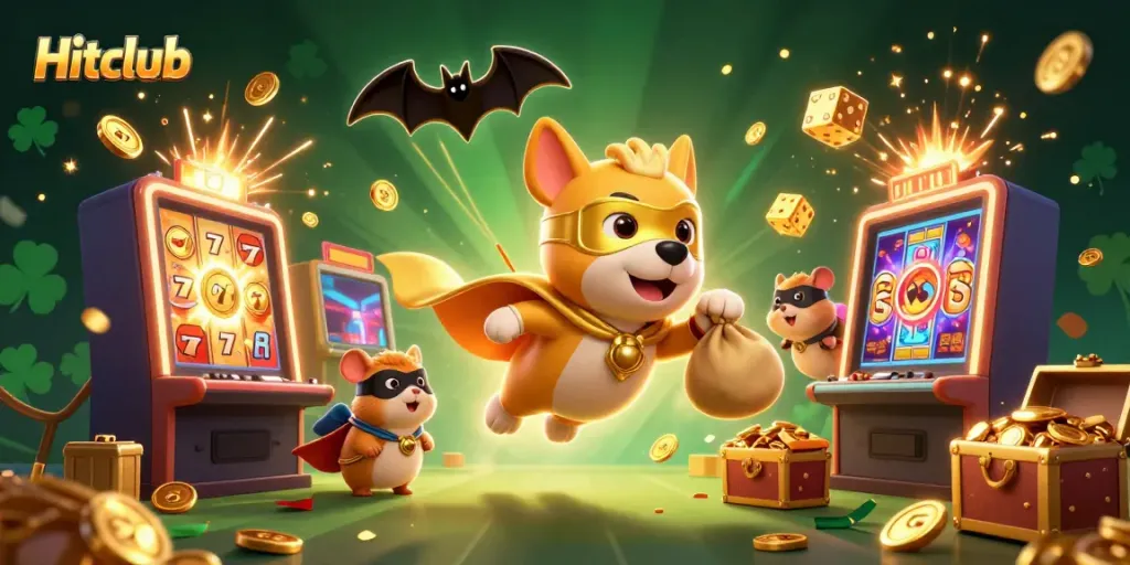 Engaging Hitclub illustration featuring a superhero dog and hamster amidst vibrant casino elements.