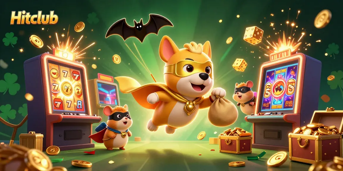 Engaging Hitclub illustration featuring a superhero dog and hamster amidst vibrant casino elements.