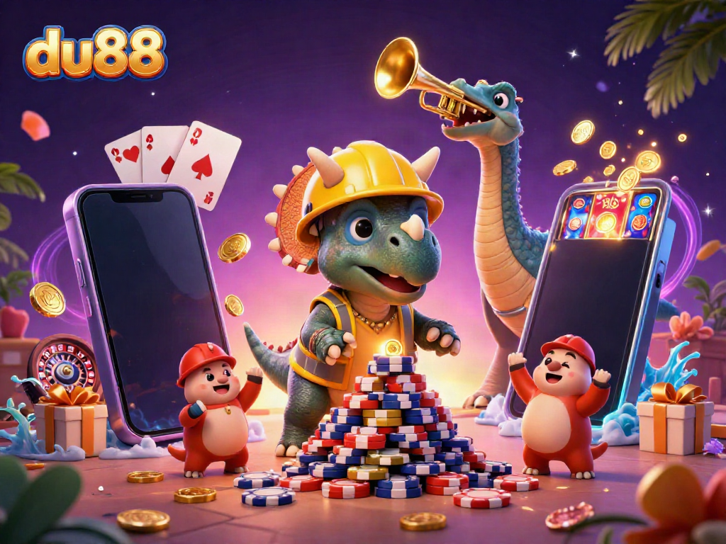 Experience fun at du88 with a triceratops and parasaurolophus in a vibrant casino scene.