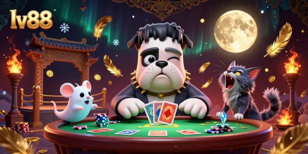 Win big with lv88 at a spooky casino table featuring a Frankenstein bulldog dealer.