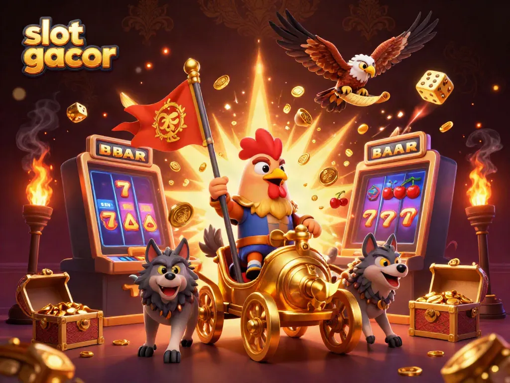 Experience the excitement of slot gacor as a cartoon rooster warlord rides into action amidst bursting jackpot symbols.