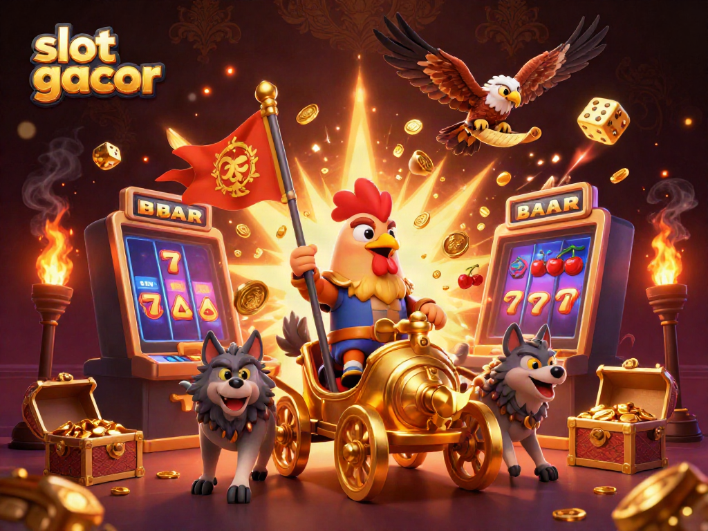 Experience the excitement of slot gacor as a cartoon rooster warlord rides into action amidst bursting jackpot symbols.