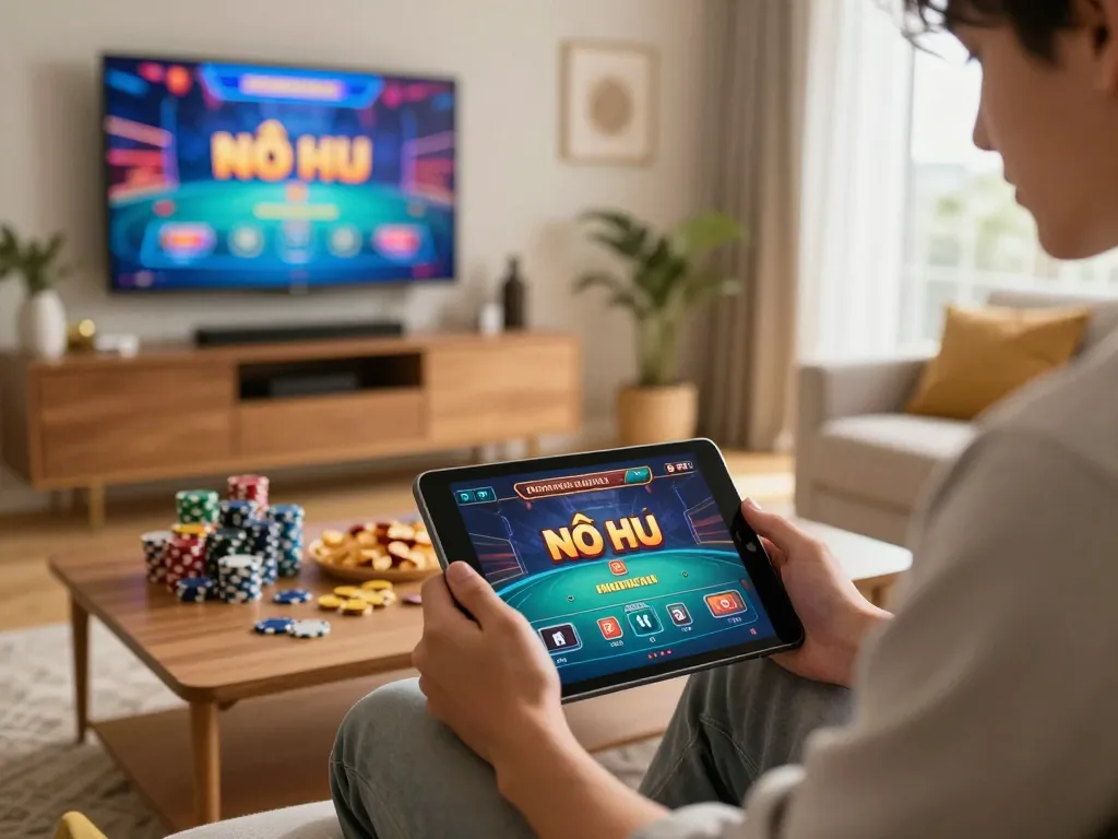 Nổ Hũ online gaming session with player engaging on tablet in cozy living room.