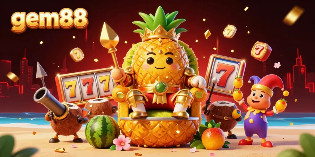 Play and win at gem88 with the golden pineapple king and vibrant casino elements.