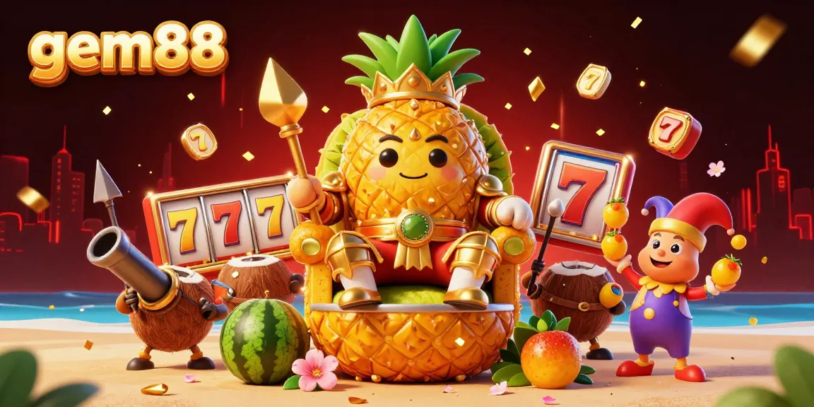 Play and win at gem88 with the golden pineapple king and vibrant casino elements.