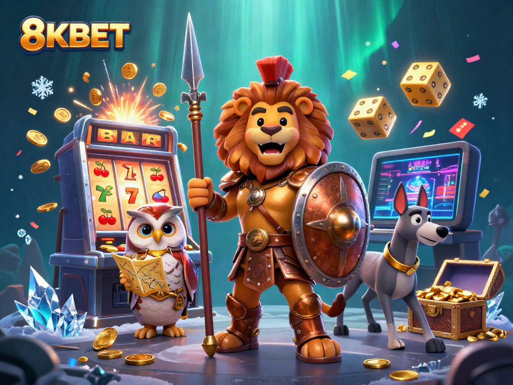 Experience thrilling jackpots with 8KBET in this vibrant 3D casino illustration showcasing dynamic characters and gaming elements.