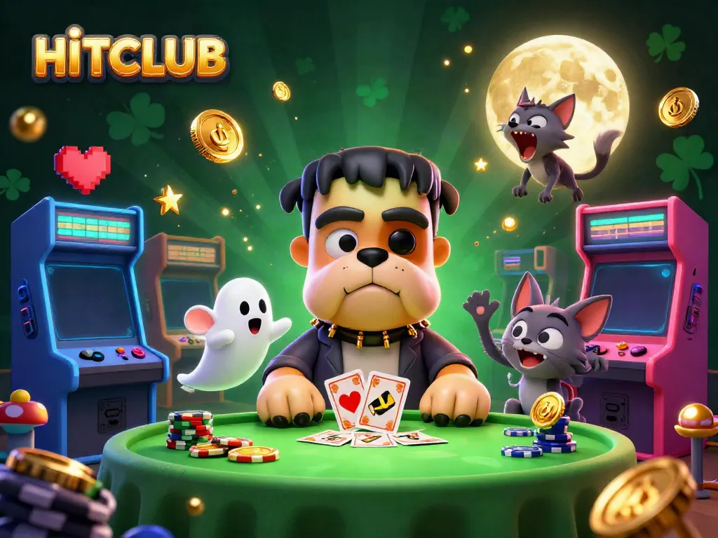 Hitclub engaging in thrilling card games at a spooky table with vibrant casino themes