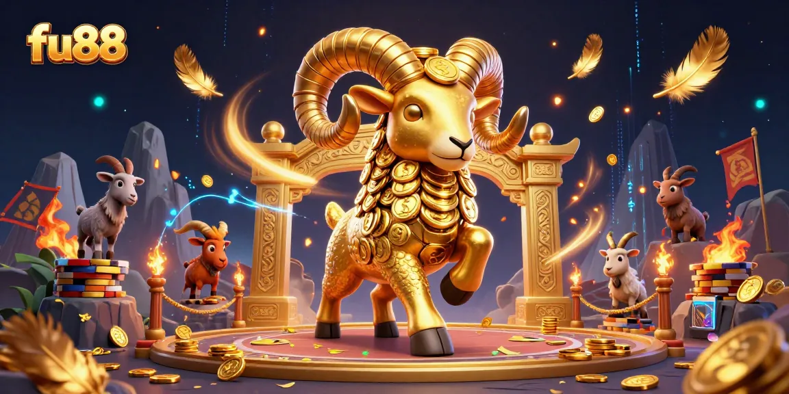 fu88 showcases a dynamic 3D scene of a golden ram charging, surrounded by spectacular casino elements.