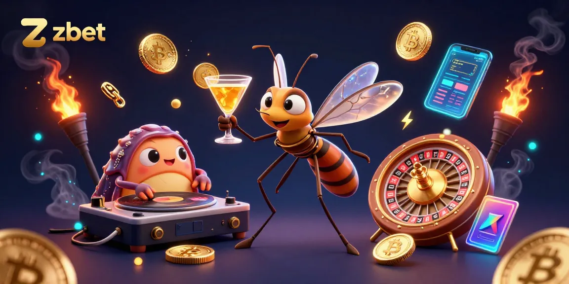Experience zbet's vibrant casino atmosphere with a lively mosquito mascot and trilobite DJ under neon lights.