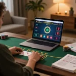 Engaging in online blackjack at https://tr88.bio/, featuring a cozy home setup and strategic focus.