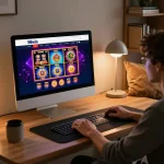 Player engaging with the 58wiin online casino platform at home, showcasing gaming interface and relaxed atmosphere.