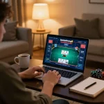 Engaged player strategizing in online poker gamebaidoithuong8 with modern home setting