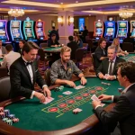 Người chơi LUCK8 tận hưởng các trò chơi blackjack và roulette sôi động trong không khí casino đầy màu sắc.