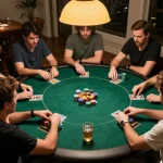 Players strategizing in a lively poker game night with 78wingo, showcasing intensity and camaraderie