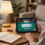 Player enjoying an engaging xx88 poker game on tablet in a cozy home setting.