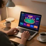 Engaging gaming session on GG88 with player analyzing poker interface in a cozy home setting.