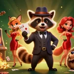 Engage in winning strategies at TG88 COM with a suave raccoon holding a royal flush surrounded by casino elements.