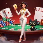 Experience ket qua bong da with a glamorous casino scene featuring a stylish woman and playful cat amid vibrant poker elements.