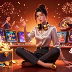 Engage in thrilling games at 66 club with an elegant woman at the high-tech casino setup.