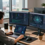 快连 network solutions showcased in a modern tech workspace with dual monitors and AI routing analytics.