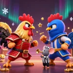 Experience casino gaming excitement with KV8 app download featuring battling roosters and dynamic game elements.