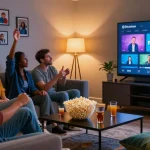 Friends enjoying movie night using Pikashow APK in cozy living room with popcorn and drinks.
