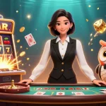 Experience online gambling excitement at 8 day with an elegant dealer scene surrounded by dynamic casino elements.